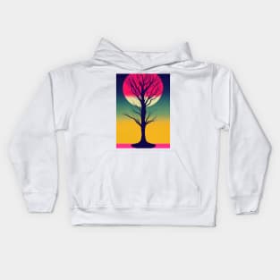 Pink Full Moon Over A Vibrant Colored Whimsical Minimalist Lonely Tree - Abstract Minimalist Bright Colorful Nature Poster Art of a Leafless Branches Kids Hoodie